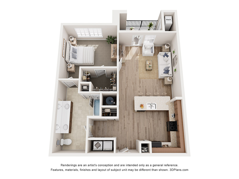 Floor plan for 1 bed, 1 bath, 889 sqft